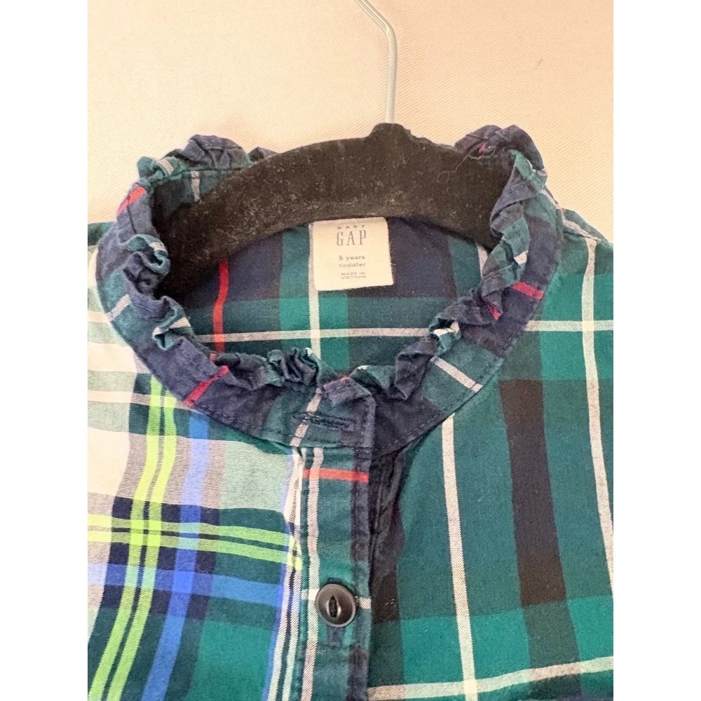Gap Toddler Girls Green Mixed Plaid Ruffle Collar Shirt Dress Size 5 Years